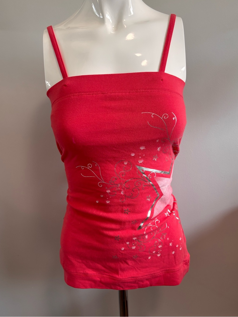 Red Spaghetti-Strap Tank with Silver Star Detail
